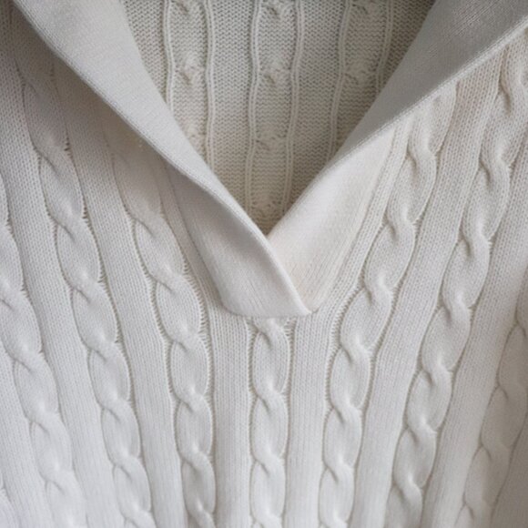 White Women's Cable Knit Collared V-Neck Ribbed Long Sleeve Pullover Sweater - Picture 5 of 11